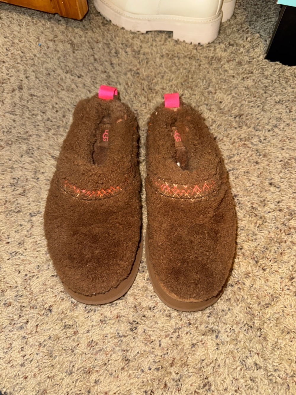 UGG Brown Fuzzy Slip-Ons with Pink Heel Tabs